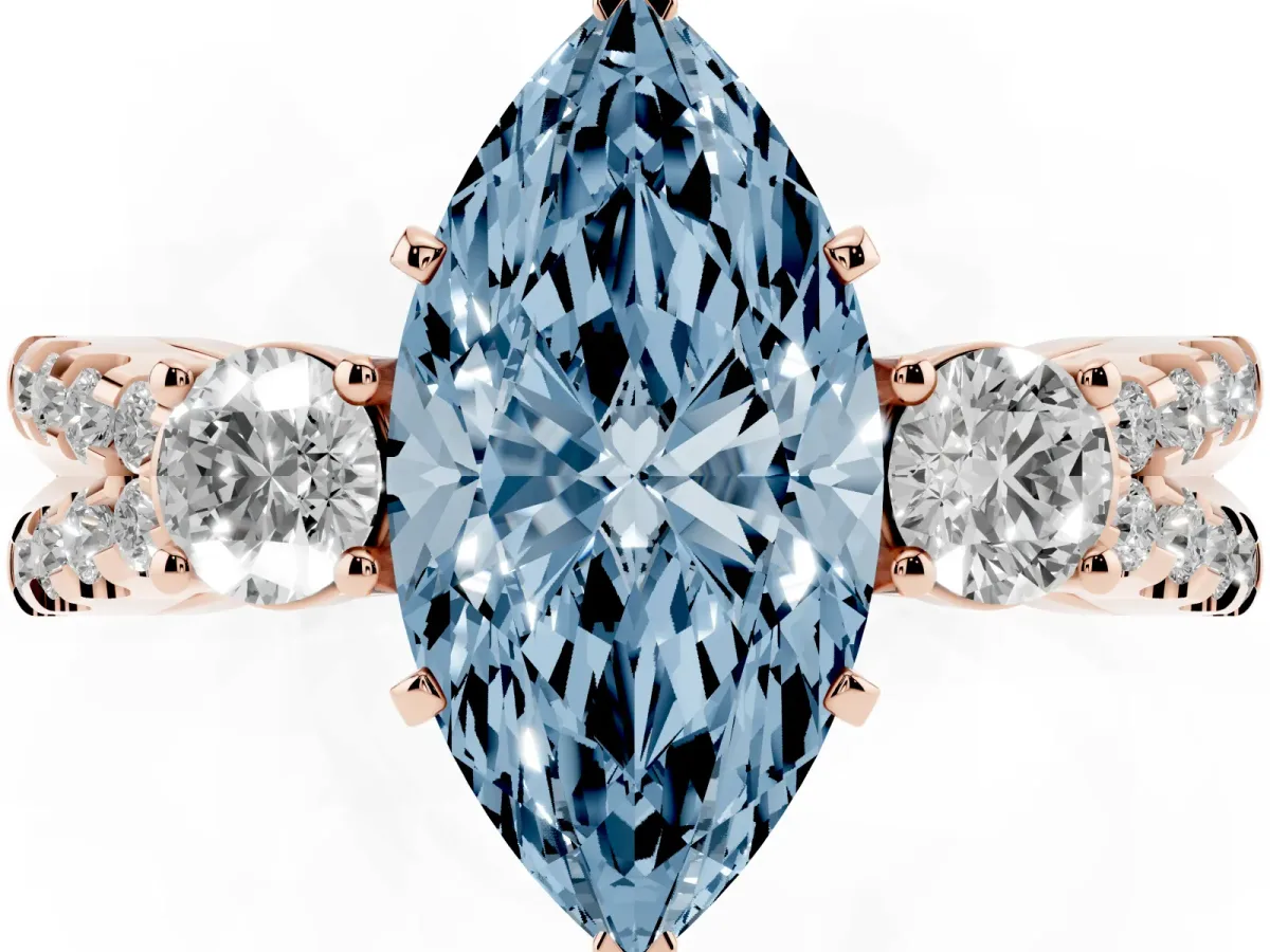 Fancy Blue Marquise Cut Diamond Three-Stone Ring with Pavé Split Shank and Four-Prong Setting Rose gold