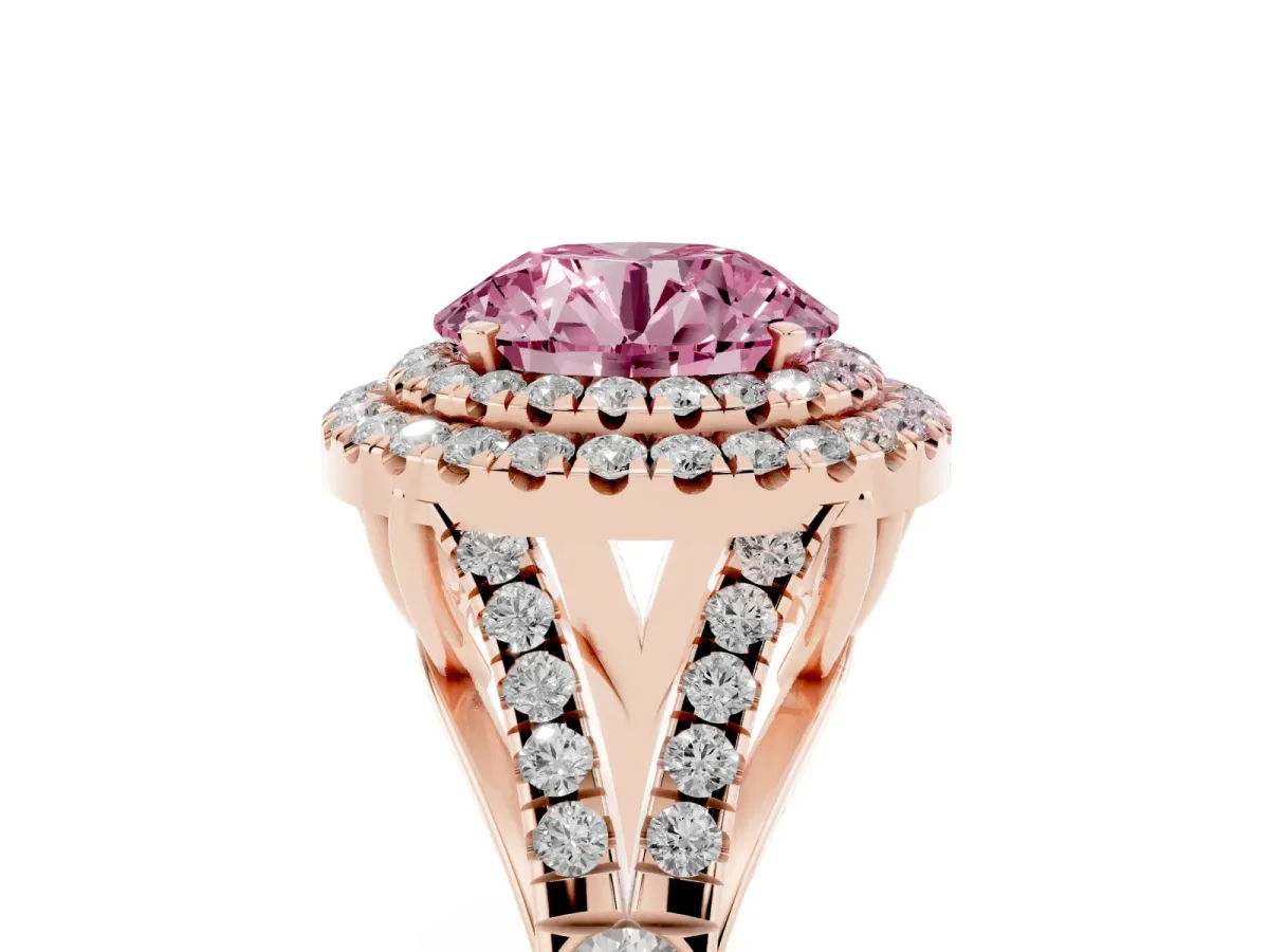 Fancy Pink Double Halo Round Cut Diamond Split Shank Engagement Ring with Four-Prong Setting Rose gold