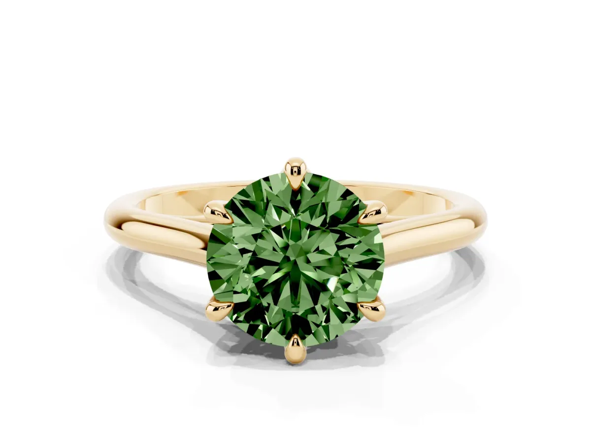 Fancy Green Round Cut Solitaire Engagement Ring with Six-Prong Setting and Classic Band Yellow gold
