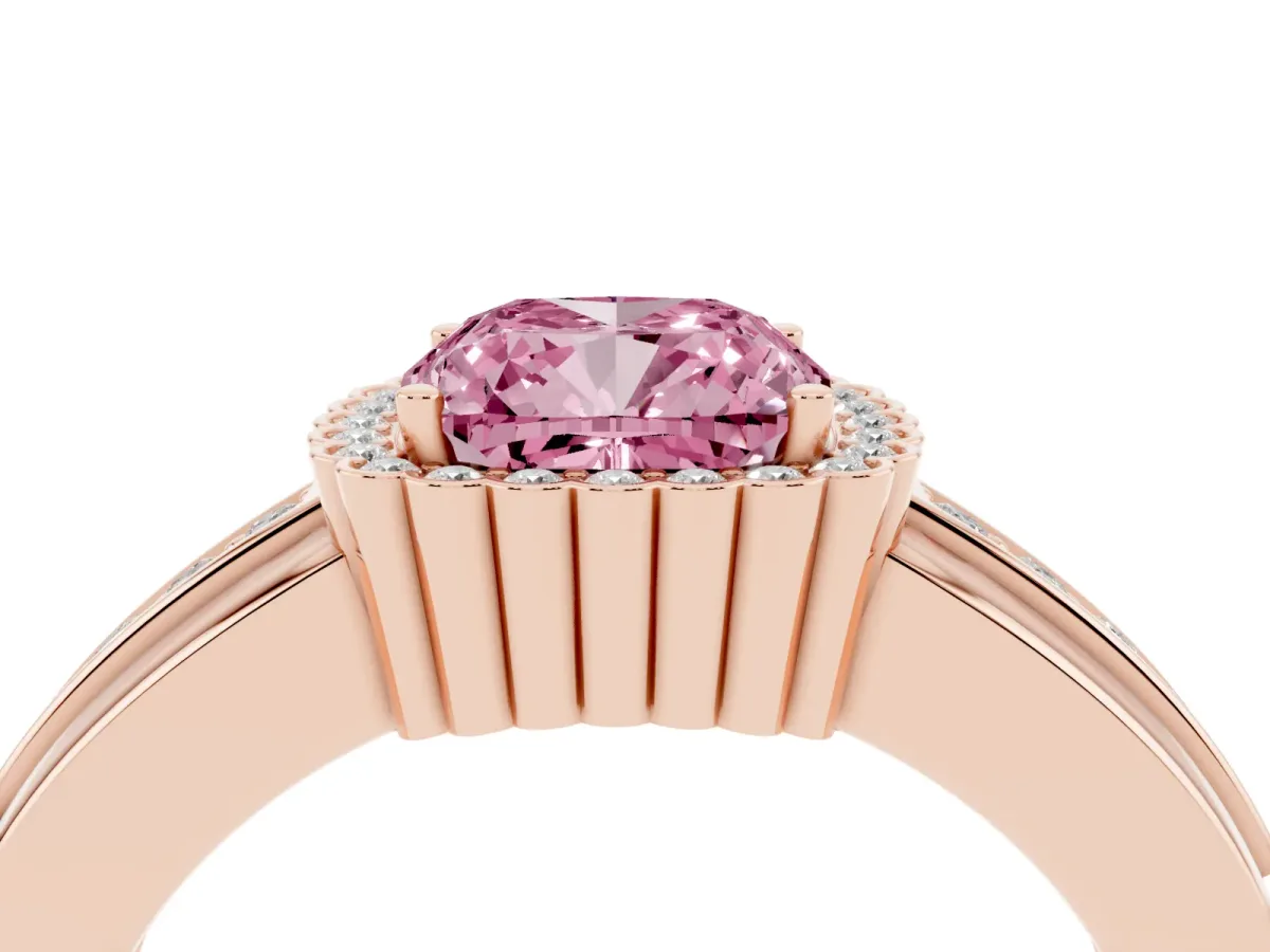 Fancy Pink Cushion Cut Cut Halo Pave Band Four-Prong Ring Rose gold