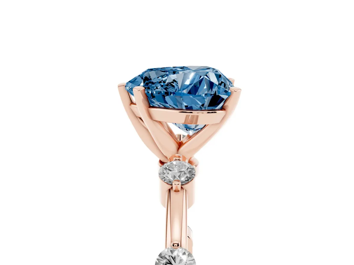 Fancy Blue Heart Cut Solitaire Diamond Ring with Bezel Set Side Stones and Prong Setting Rose gold