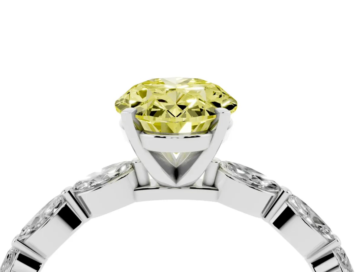 Fancy Yellow Oval Cut Diamond Ring with Marquise Side Stones and Prong Setting Platinum