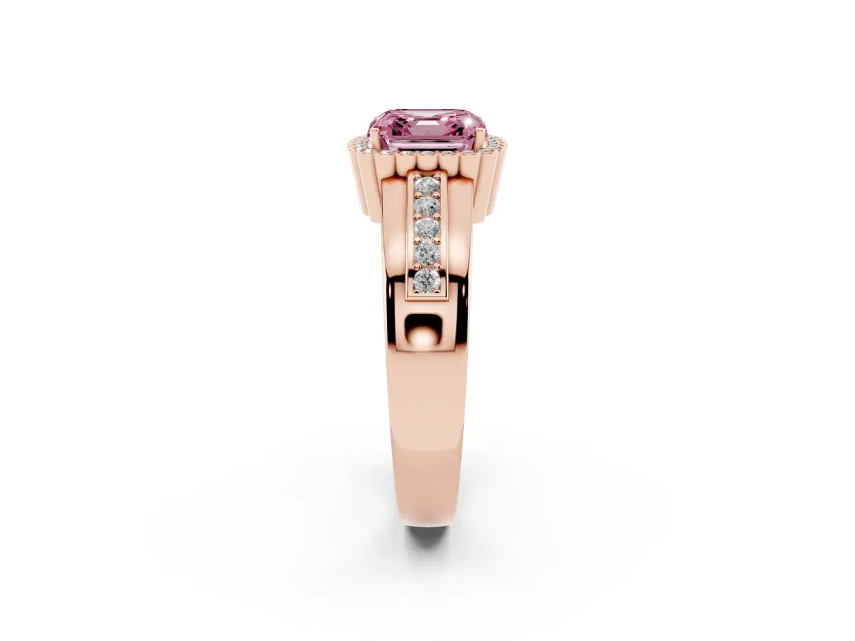 Fancy Pink Asscher Cut Cut Halo Pave Band Four-Prong Ring Rose gold