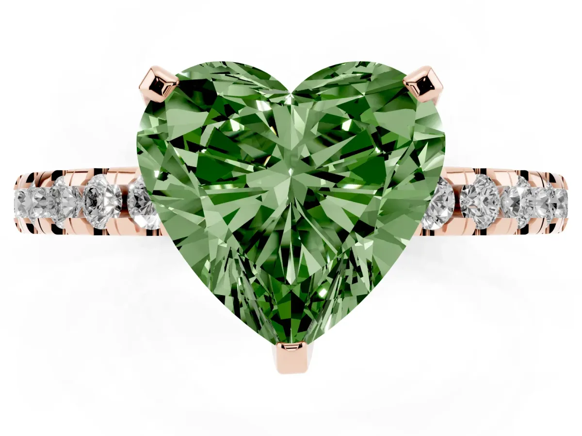 Fancy Green Heart Cut Diamond Solitaire Ring with Round Pavé Band and Four-Prong Setting Rose gold