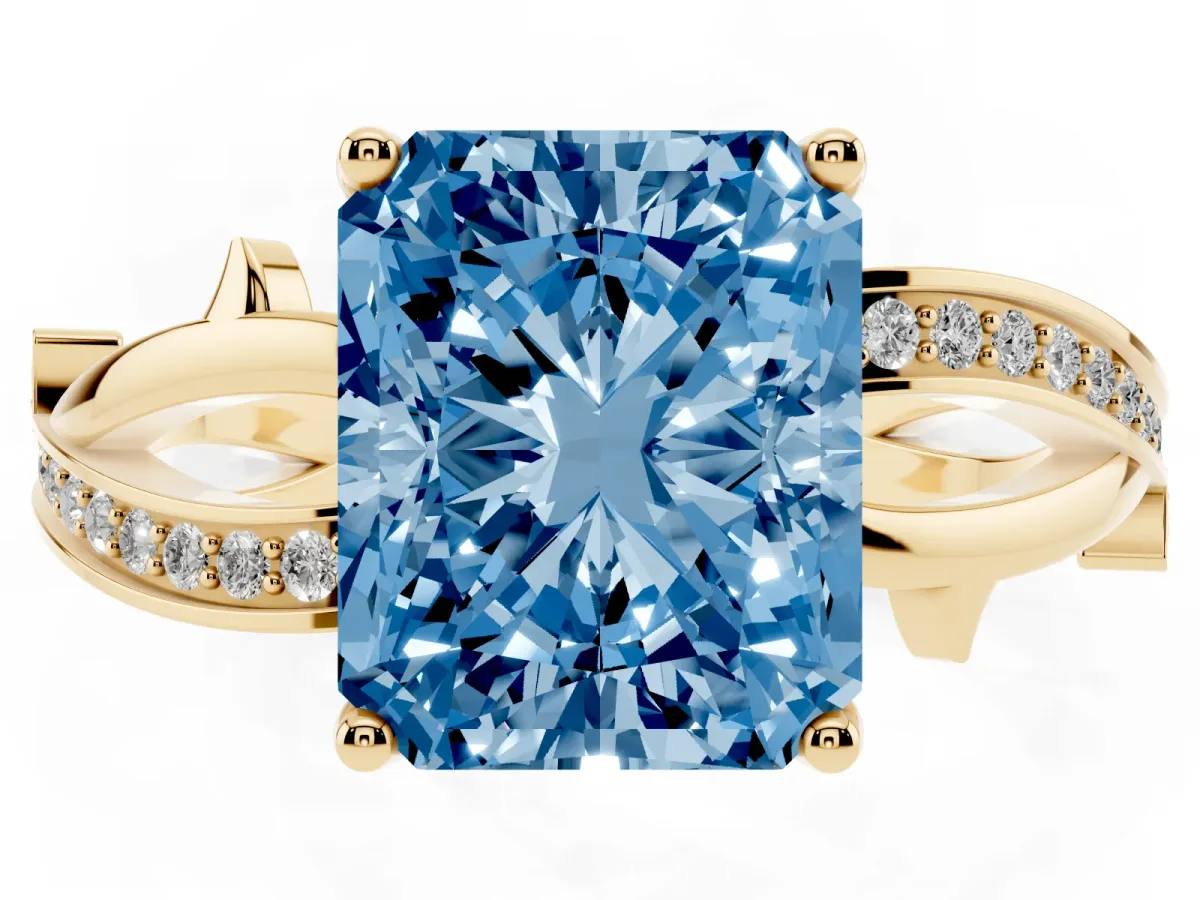 Fancy Blue Radiant Cut Solitaire Twist Band with Pavé Accents and Four-Prong Setting Yellow gold