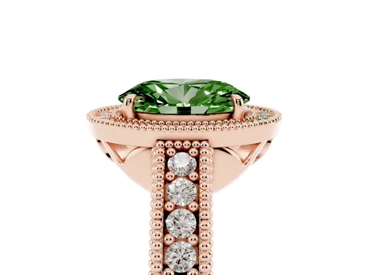 Fancy Green Oval Cut Cut Halo Diamond Ring with Pavé Band and Four-Prong Setting Rose gold