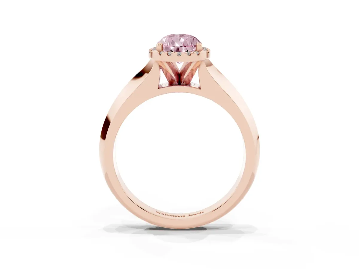Fancy Pink Pear Cut Halo Diamond Ring with Cathedral Band and Four-Prong Setting Rose gold