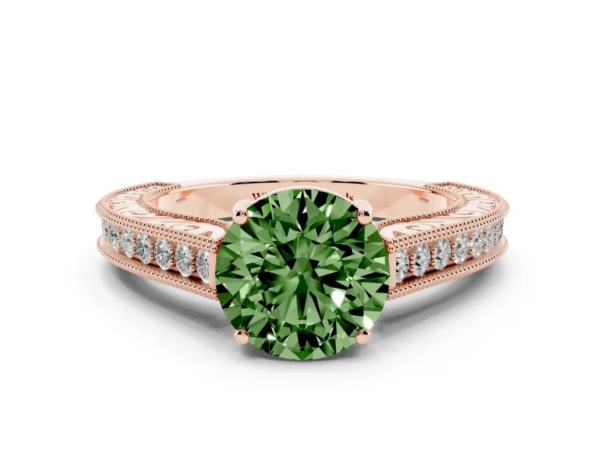 Fancy Green Round Cut Cut Pave Band Milgrain Solitaire Ring Rose gold