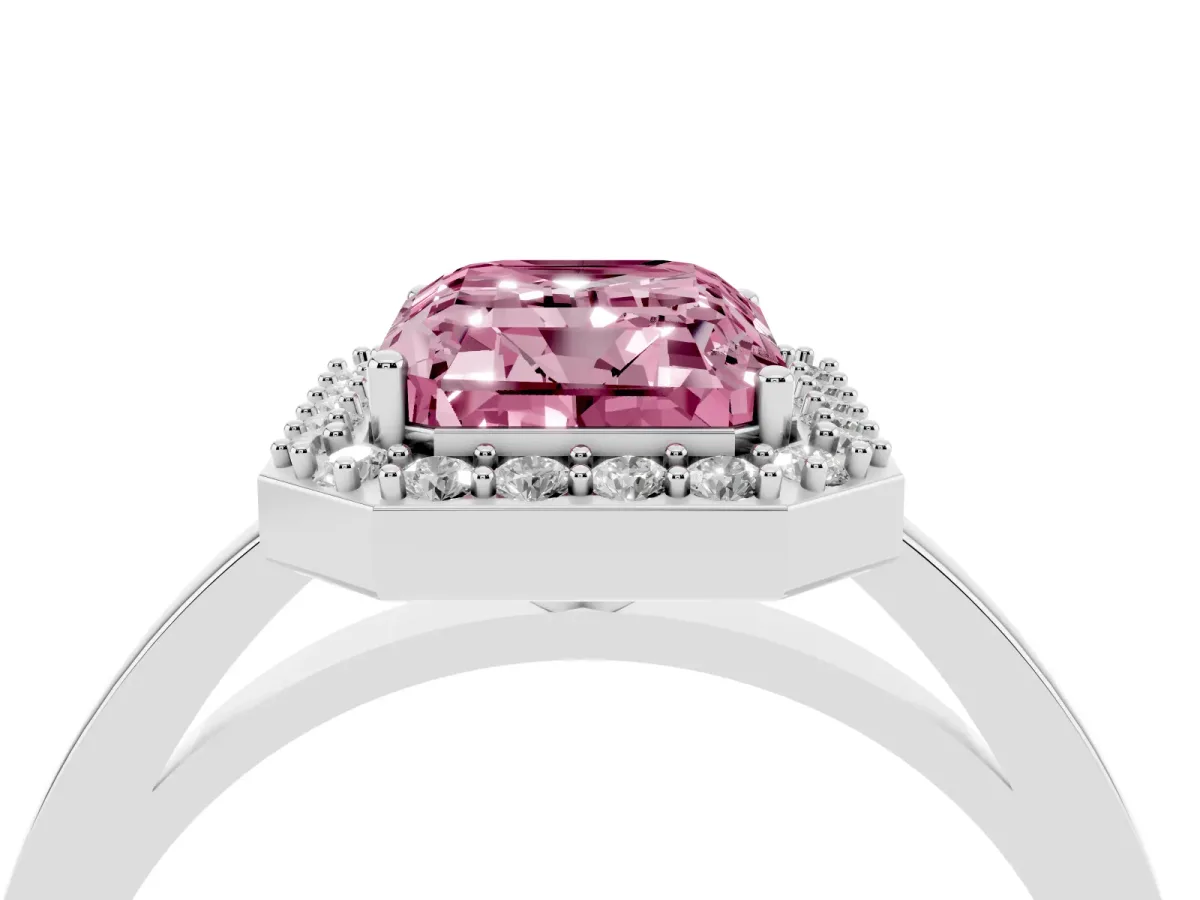 Fancy Pink Radiant Cut Halo Diamond Ring with Solitaire Band and Prong Setting Platinum