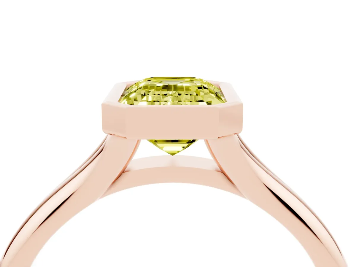 Fancy Yellow Bezel Set Emerald Cut Solitaire Diamond Ring with Smooth Band Rose gold