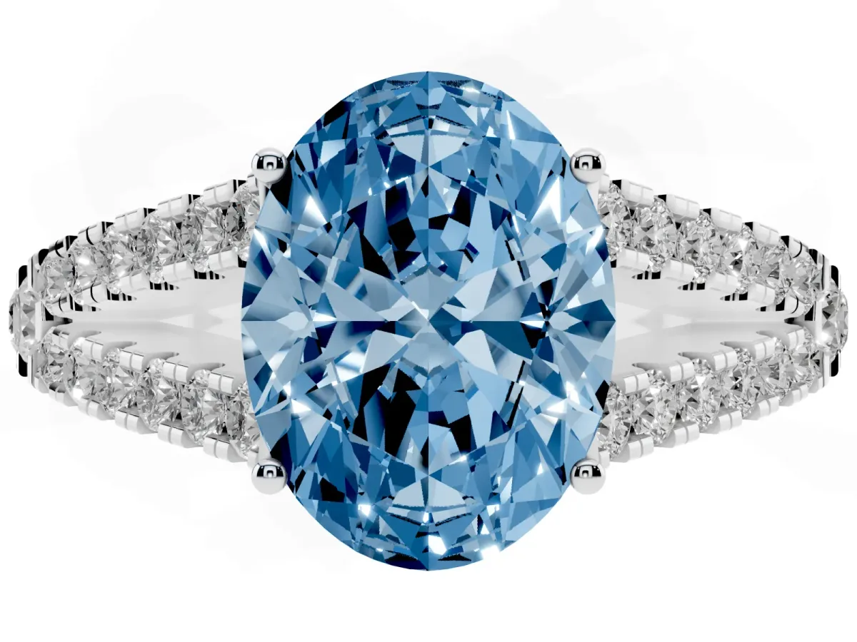 Fancy Blue Oval Cut Diamond Split Shank Engagement Ring with Round Pavé and Prong Setting Silver
