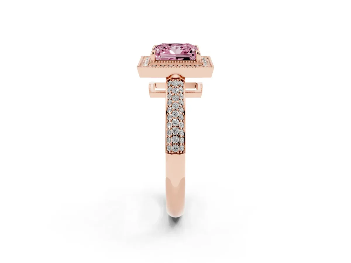 Fancy Pink Princess Cut Cut Halo Diamond Pave Band with Four-Prong Setting Rose gold