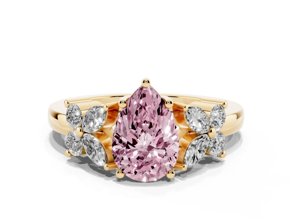 Fancy Pink Pear Cut Diamond Floral Cluster Ring with Solitaire Band and Prong Setting Yellow gold