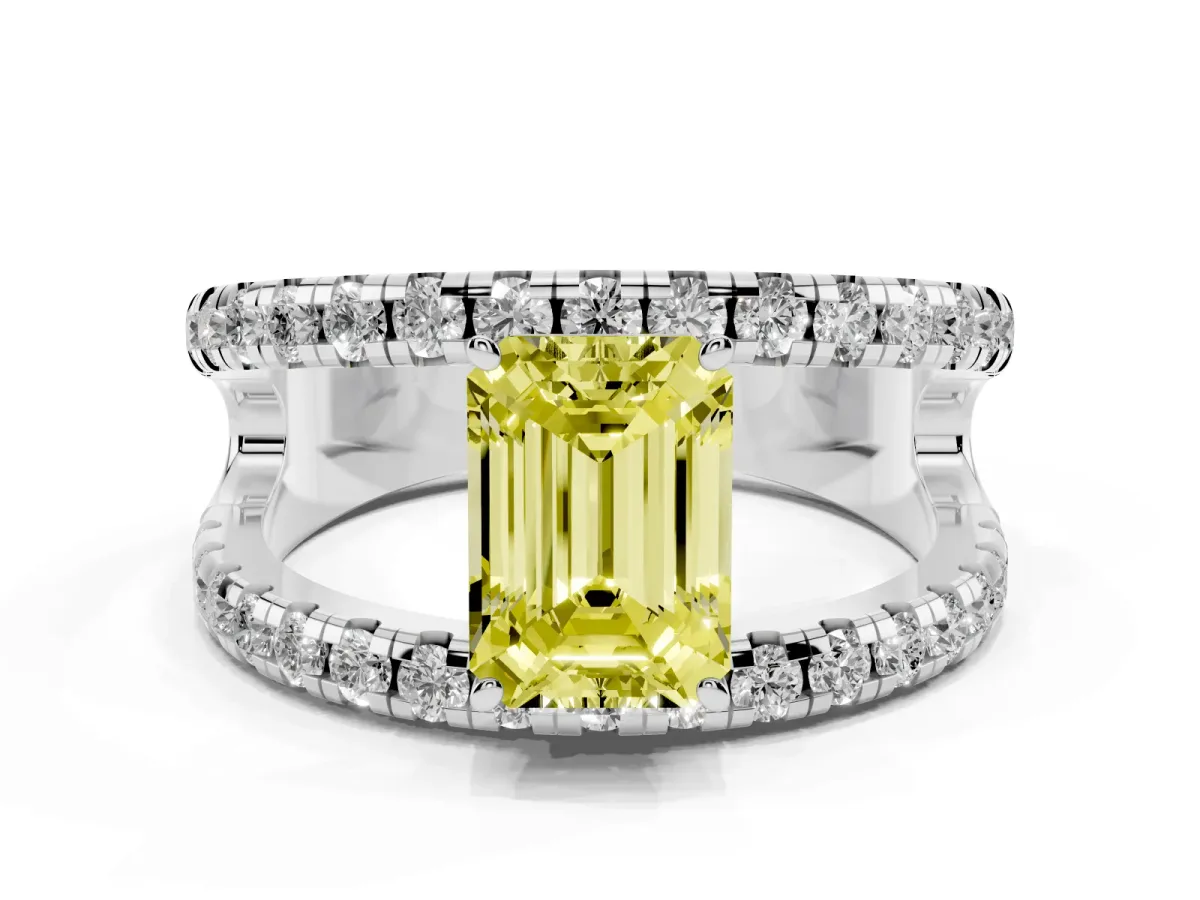 Fancy Yellow Emerald Cut Solitaire Split Shank Pave Diamond Ring Silver