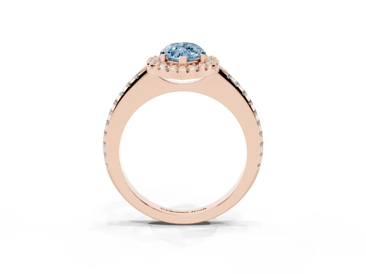 Fancy Blue Marquise Cut Diamond Pavé Halo Ring with Four-Prong Setting Rose gold
