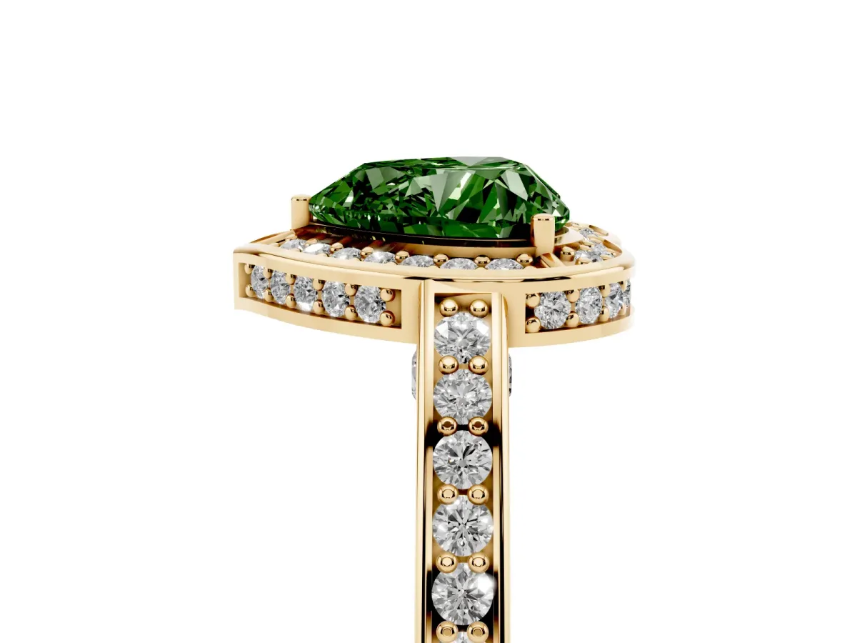 Fancy Green Heart Cut Cut Halo Pave Split Shank Prong Setting Ring Yellow gold