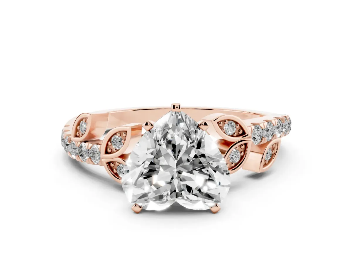 Heart Cut Solitaire Leaf-Inspired Diamond Ring with Pavé Band and Four-Prong Setting Rose gold