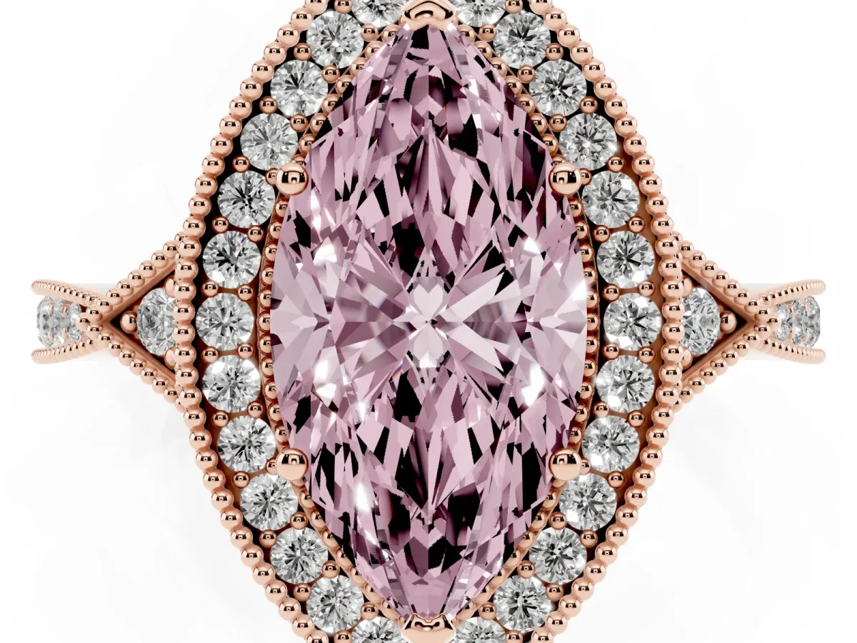 Fancy Pink Marquise Cut Halo Round Diamond Milgrain Pave Engagement Ring Rose gold