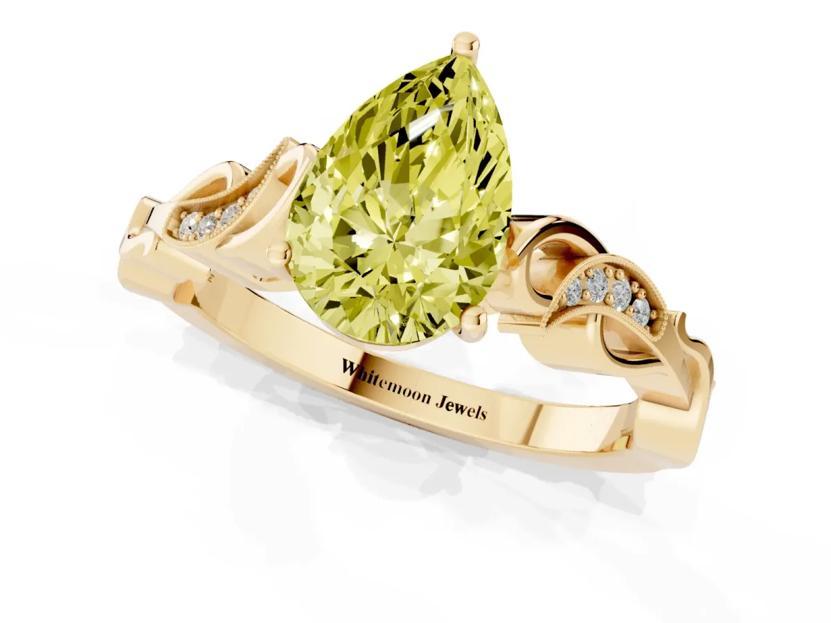 Fancy Yellow Pear Cut Solitaire Vine Band with Milgrain Prong Setting Yellow gold