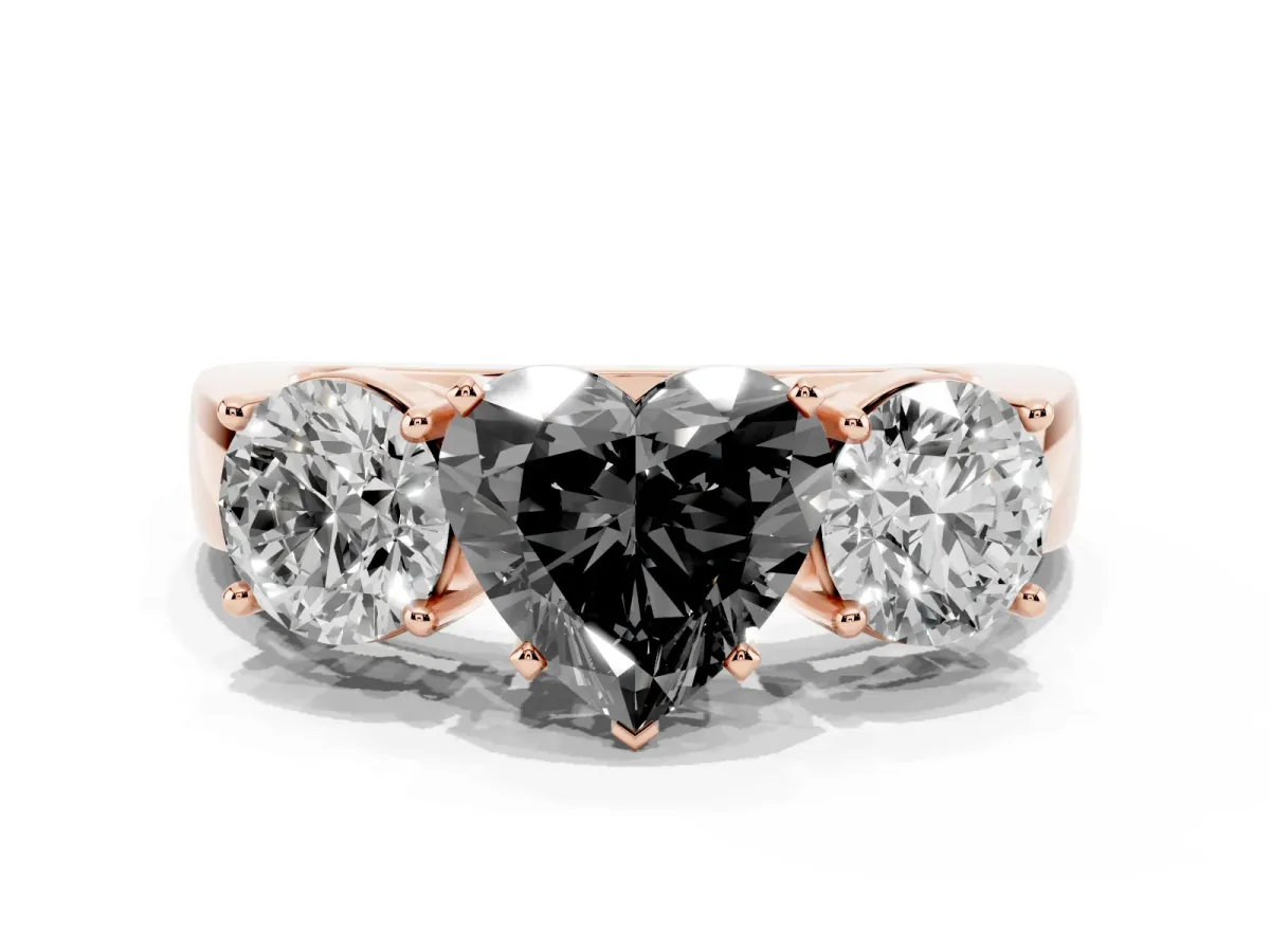 Fancy Black Three-Stone Heart Cut Diamond Ring with Round Side Stones, Classic Band, and Four-Prong Setting Rose gold