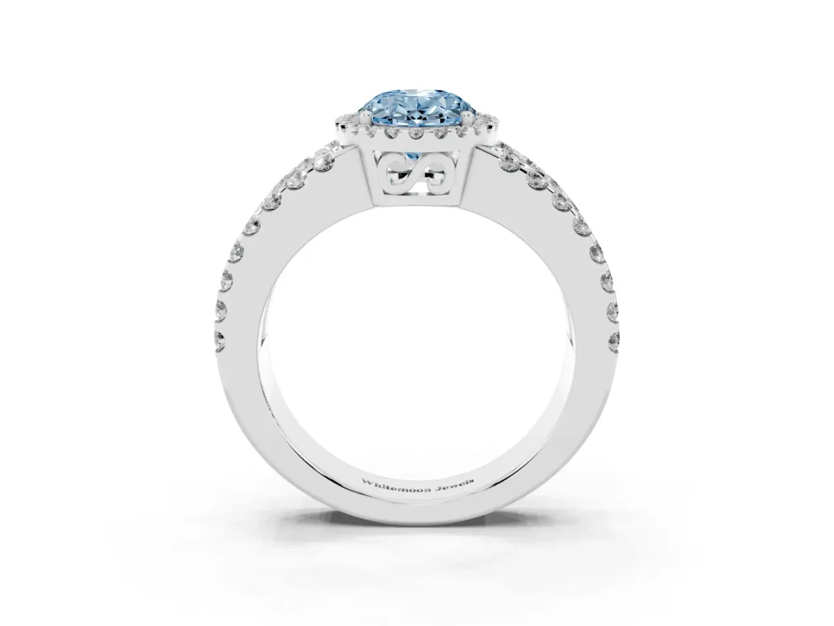 Fancy Blue Oval Cut Cut Halo Split Shank Diamond Ring with Four-Prong Setting Silver