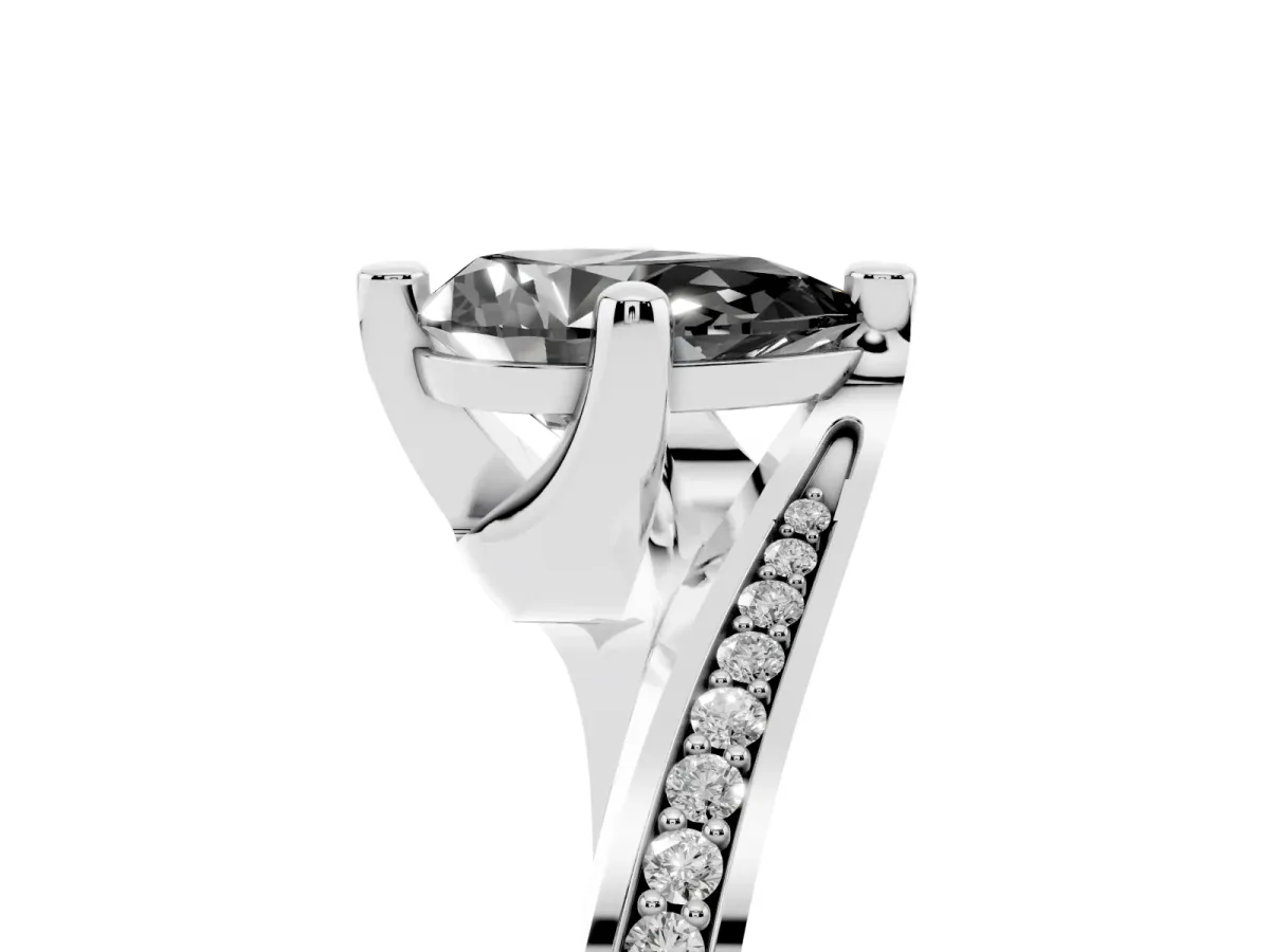 Fancy Black Pear Cut Solitaire Diamond Twist Band with Pavé Setting and Four-Prong Setting Silver