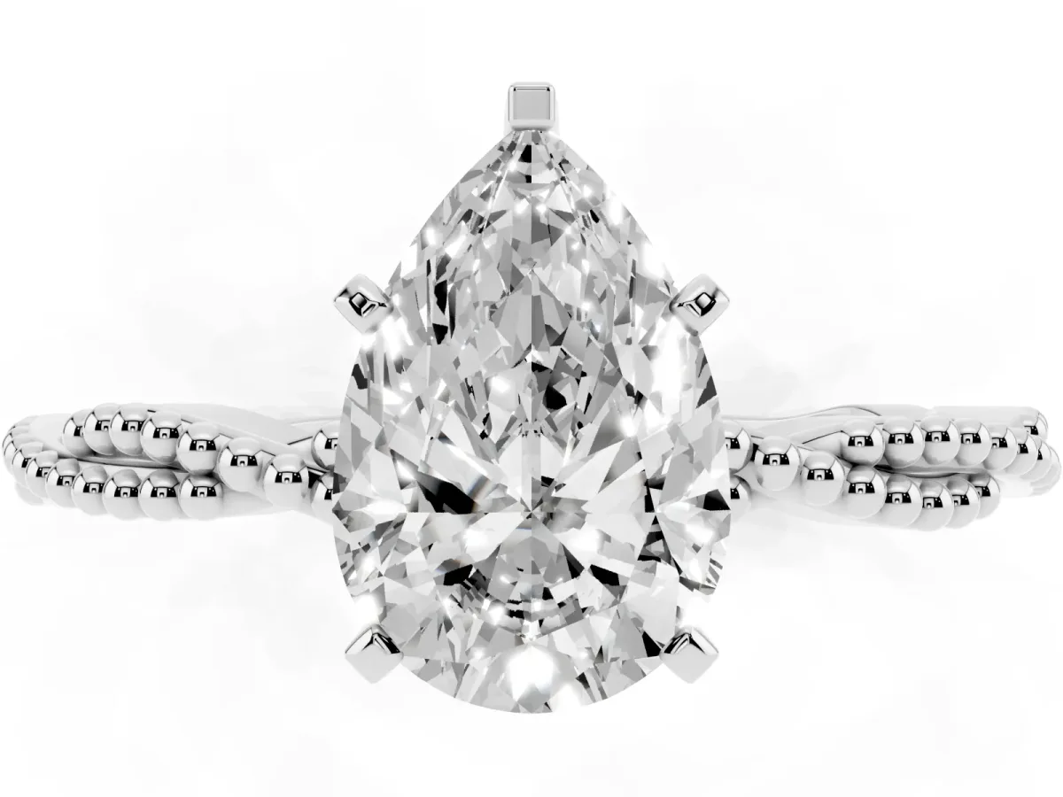 Pear Cut Solitaire Twisted Band with Bead Prong Setting Platinum