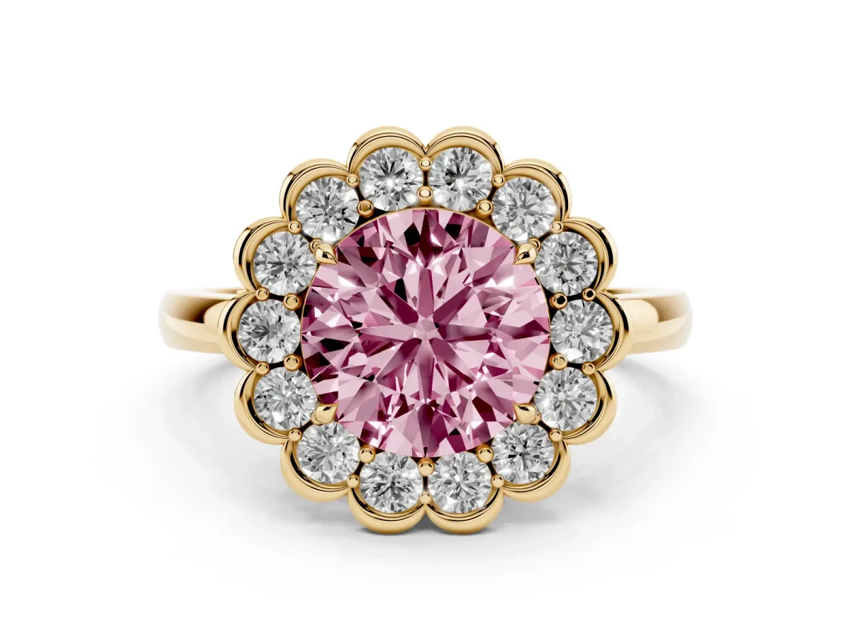 Fancy Pink Round Cut Halo Cluster Diamond Engagement Ring with Solitaire Band and Prong Setting Yellow gold