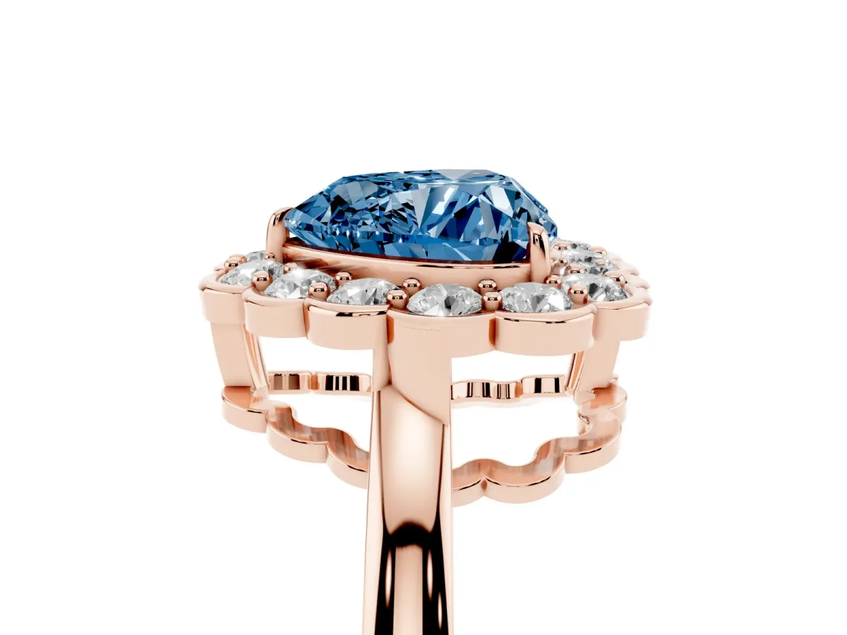 Fancy Blue Heart Cut Halo Cluster Diamond Engagement Ring with Solitaire Band and Prong Setting Rose gold