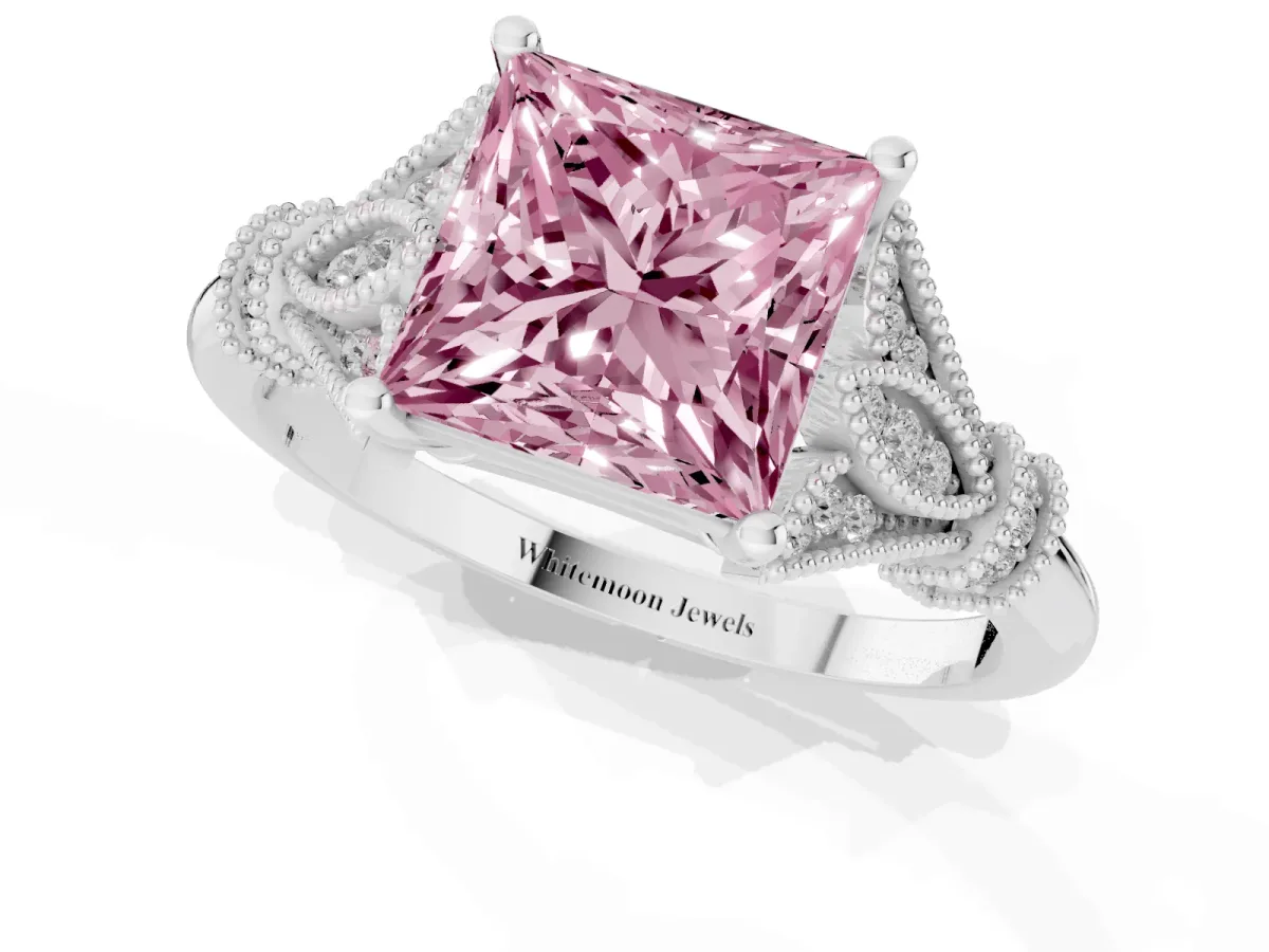 Fancy Pink Princess Cut Diamond Solitaire Ring with Floral Filigree and Pave Accents White gold