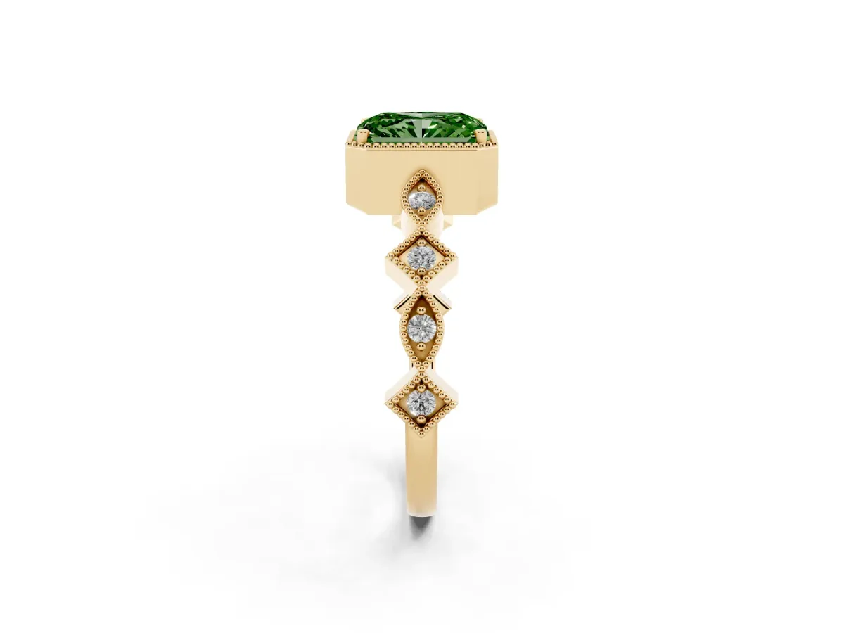 Fancy Green Radiant Cut Milgrain Marquise Diamond Twist Band Ring Yellow gold