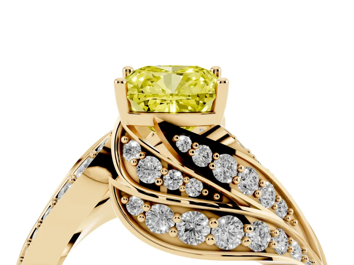 Fancy Yellow Cushion Cut Diamond Solitaire Ring with Prong Setting and Twisted Pavé Band Yellow gold