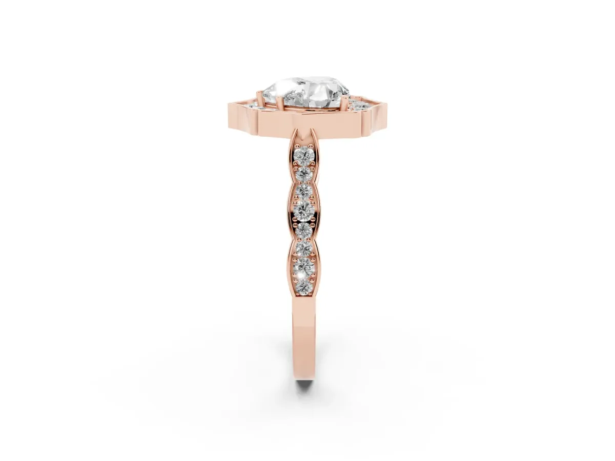 Heart Cut Halo Diamond Engagement Ring with Milgrain Band and Four-Prong Setting Rose gold