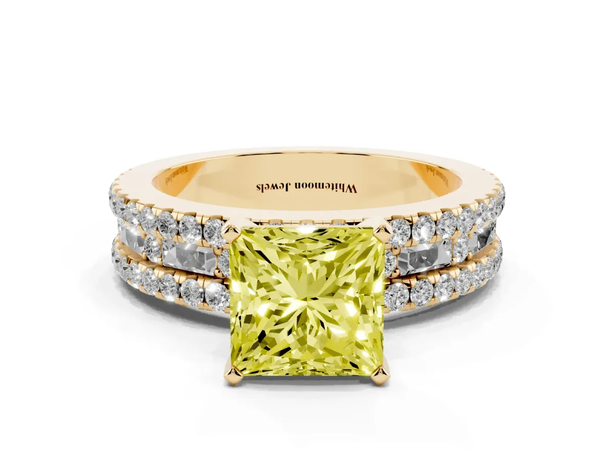 Fancy Yellow Princess Cut Diamond Solitaire Ring with Pavé and Channel Set Band Yellow gold