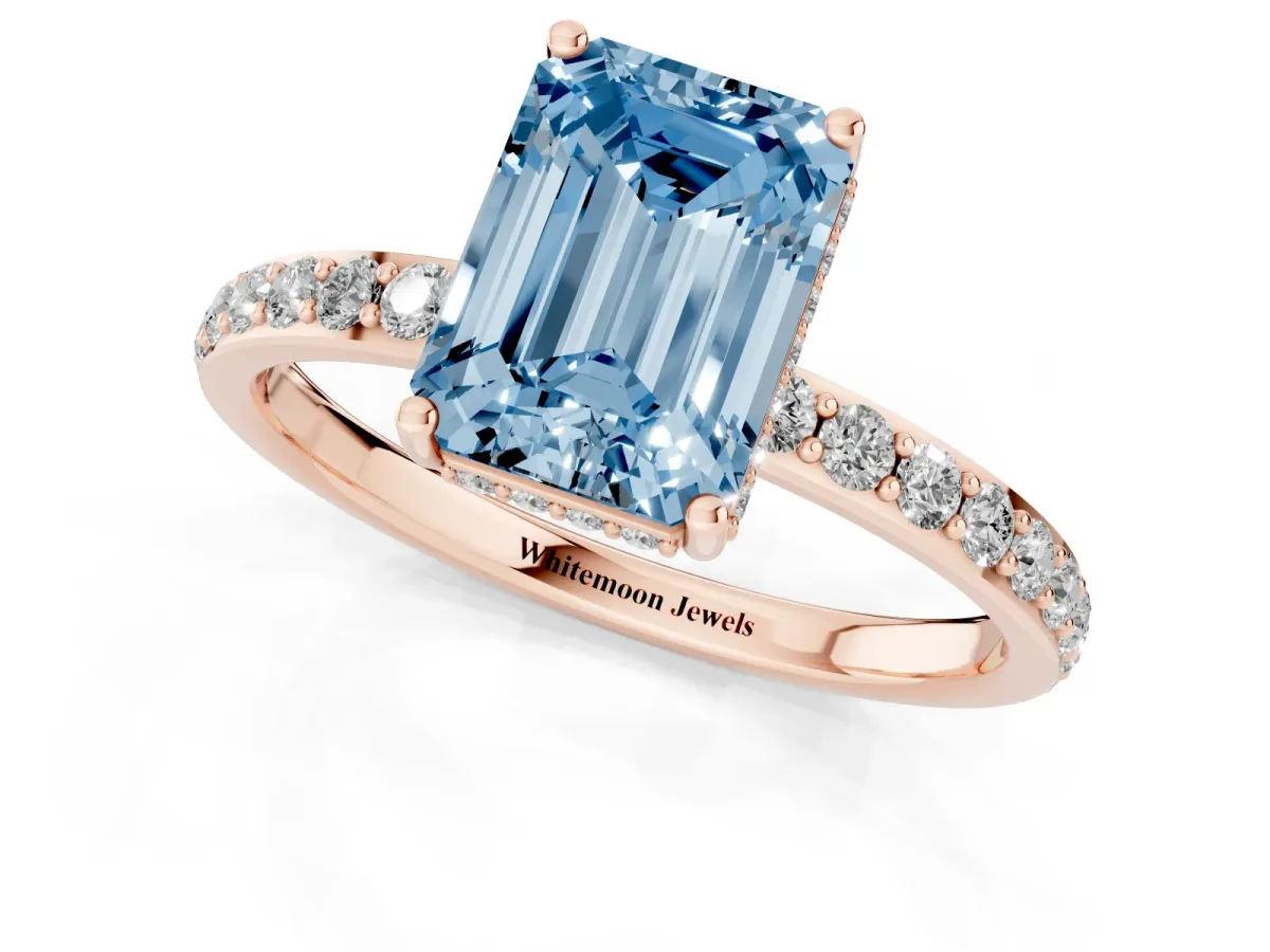 Fancy Blue Emerald Cut Diamond Solitaire Ring with Pavé Band and Hidden Halo Rose gold