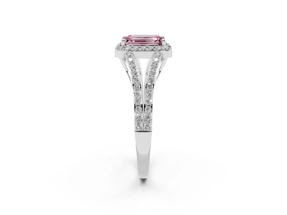 Fancy Pink Emerald Cut Halo Split Shank Diamond Ring with Prong Setting Platinum