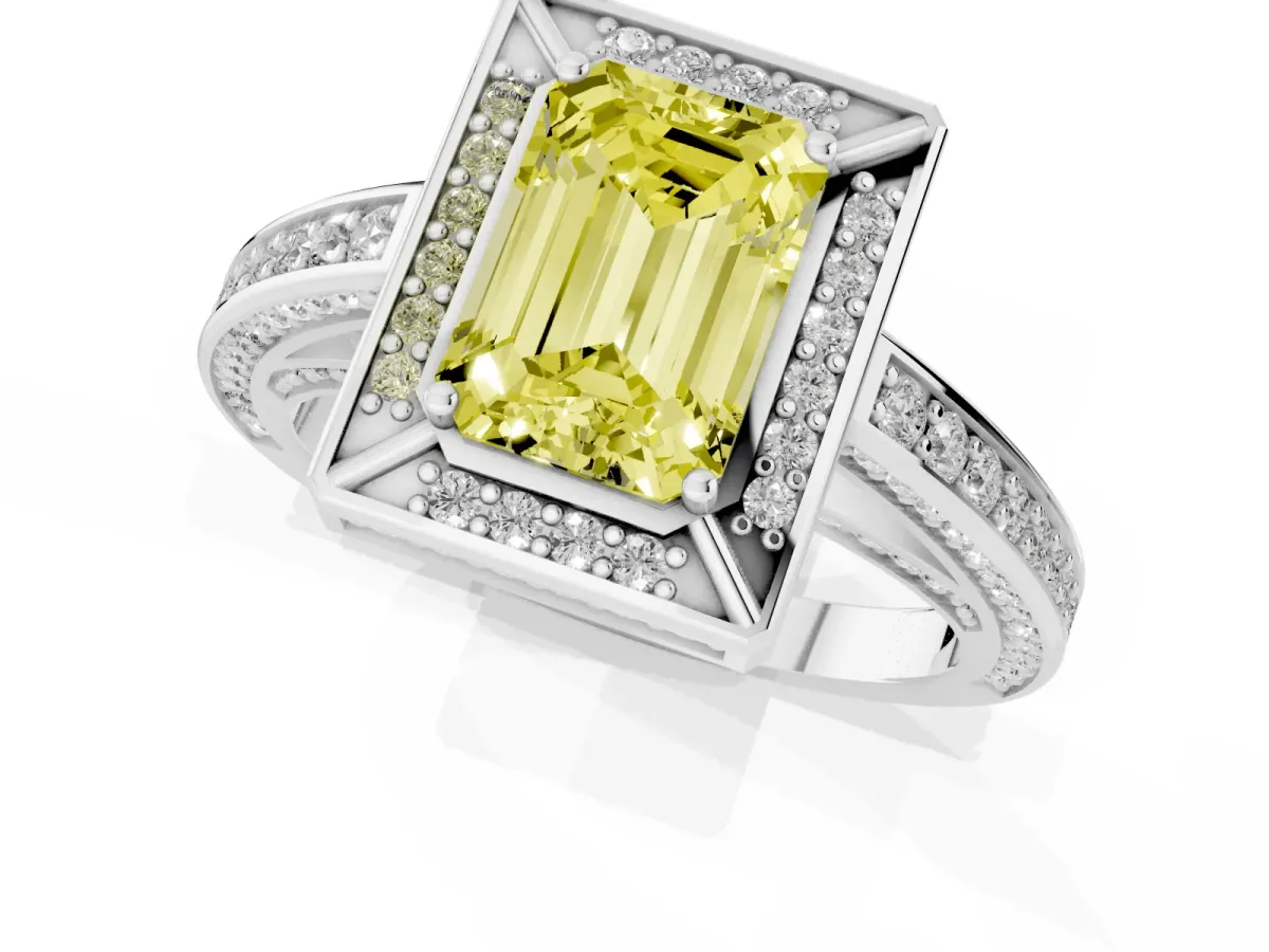 Fancy Yellow Emerald Cut Cut Halo Pave Split Shank Prong Setting Ring Silver