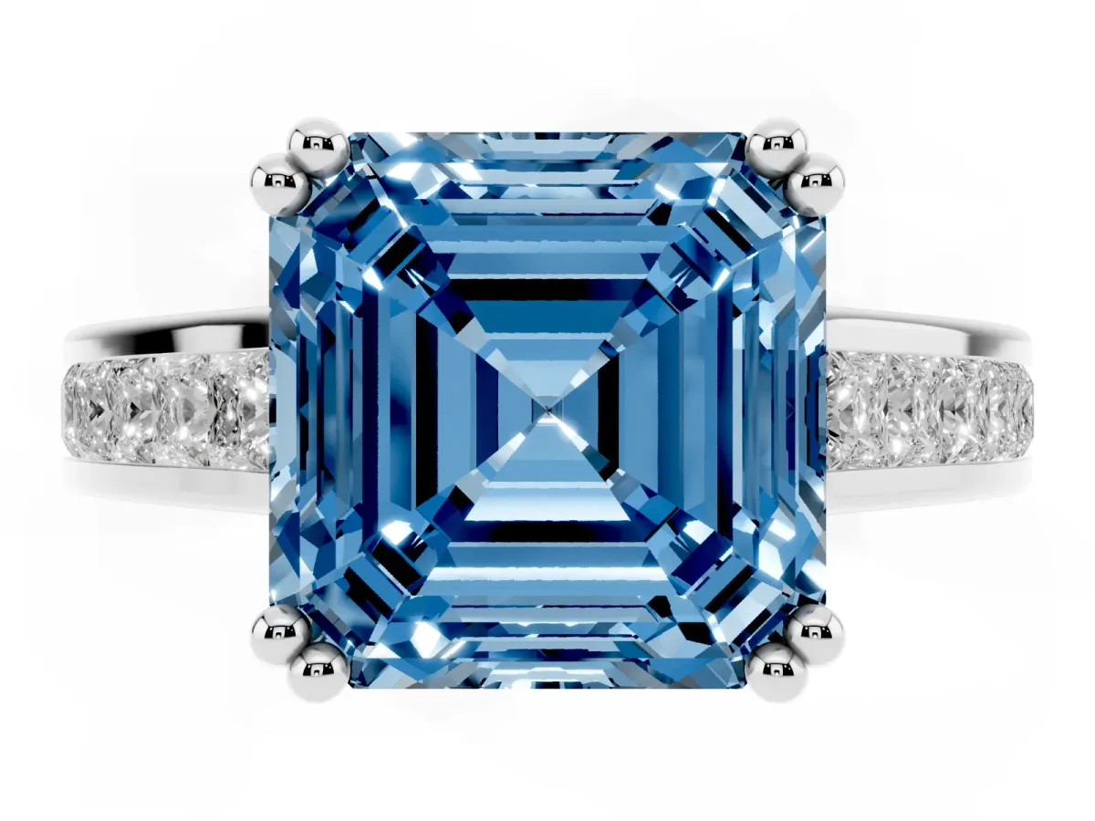 Fancy Blue Asscher Cut Cut Channel Set Solitaire Engagement Ring with Prong Setting Silver