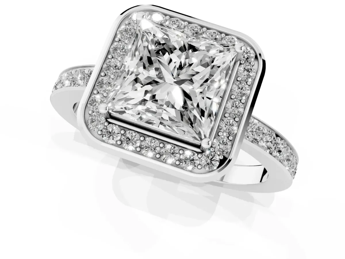 Princess Cut Diamond Halo Ring with Bezel Frame and Pavé Band Silver
