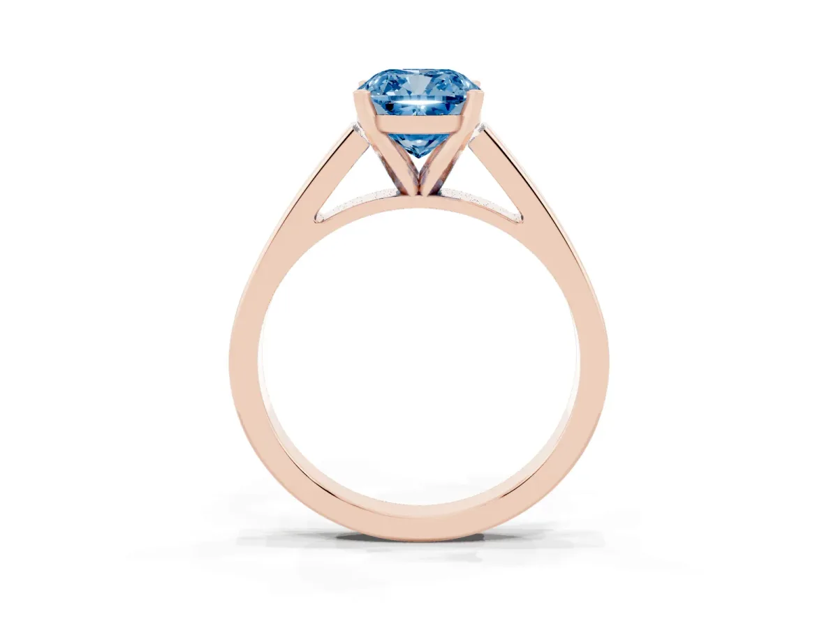 Fancy Blue Cushion Cut Solitaire Engagement Ring with Four-Prong Setting and Tapered Band Rose gold