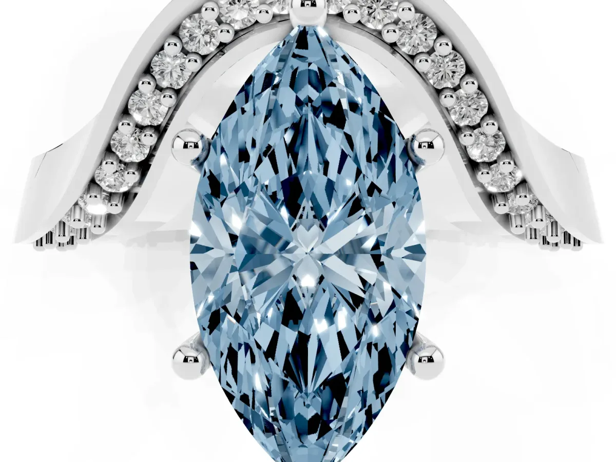 Fancy Blue Marquise Cut Solitaire Diamond Engagement Ring with Pave Band and Four-Prong Setting Platinum