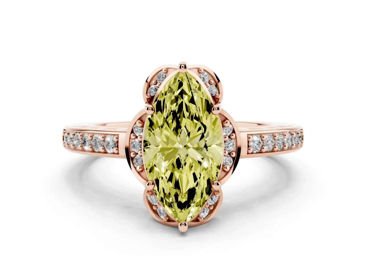 Fancy Yellow Marquise Cut Cut Halo Diamond Ring with Channel Set Band and Four-Prong Setting Rose gold