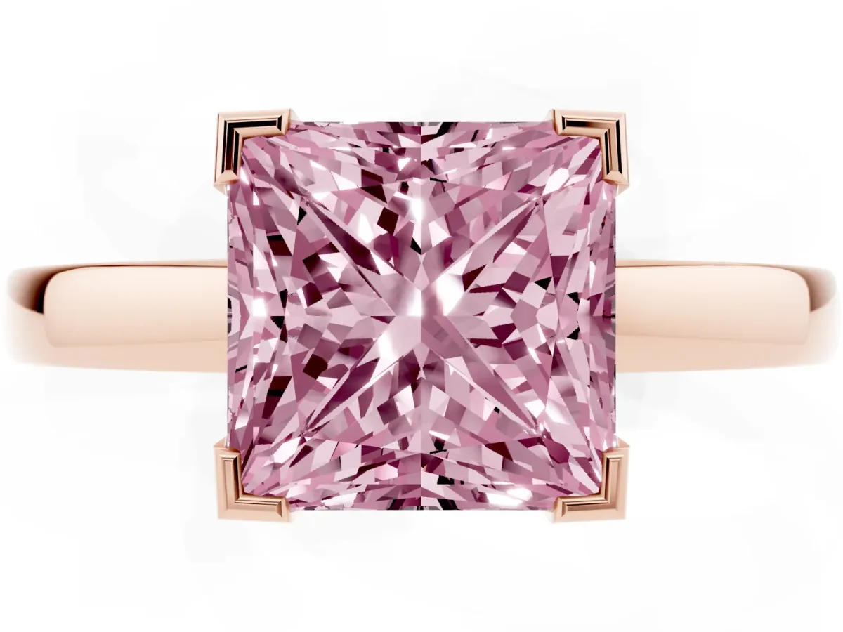 Fancy Pink Princess Cut Cut Solitaire Ring with Four-Prong Setting and Classic Band Rose gold