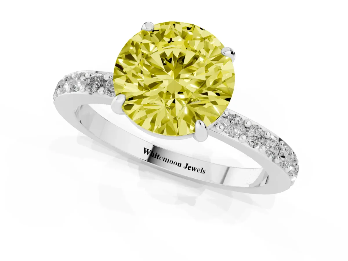 Fancy Yellow Round Cut Diamond Pavé Engagement Ring with Round Accents and Prong Setting Silver