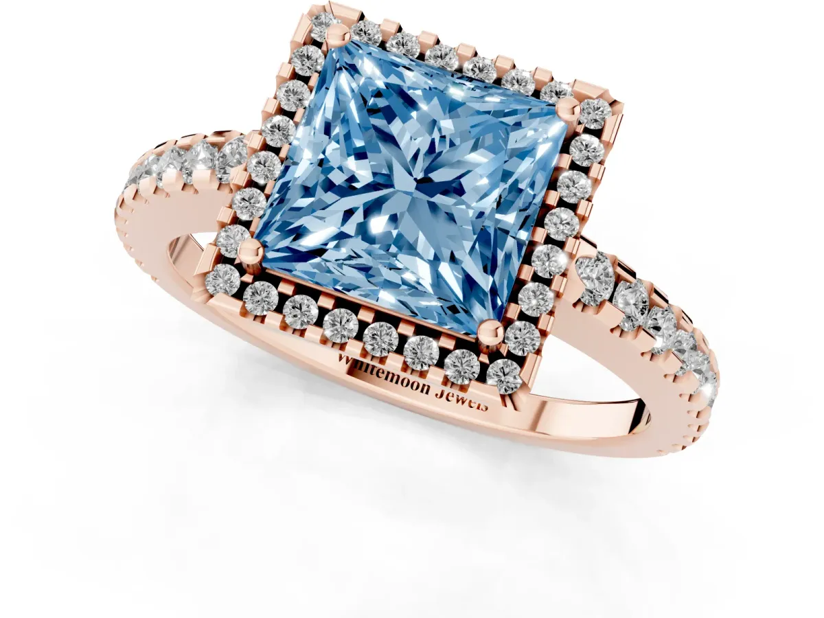 Fancy Blue Princess Cut Diamond Halo Engagement Ring with Pavé Band and Prong Setting Rose gold