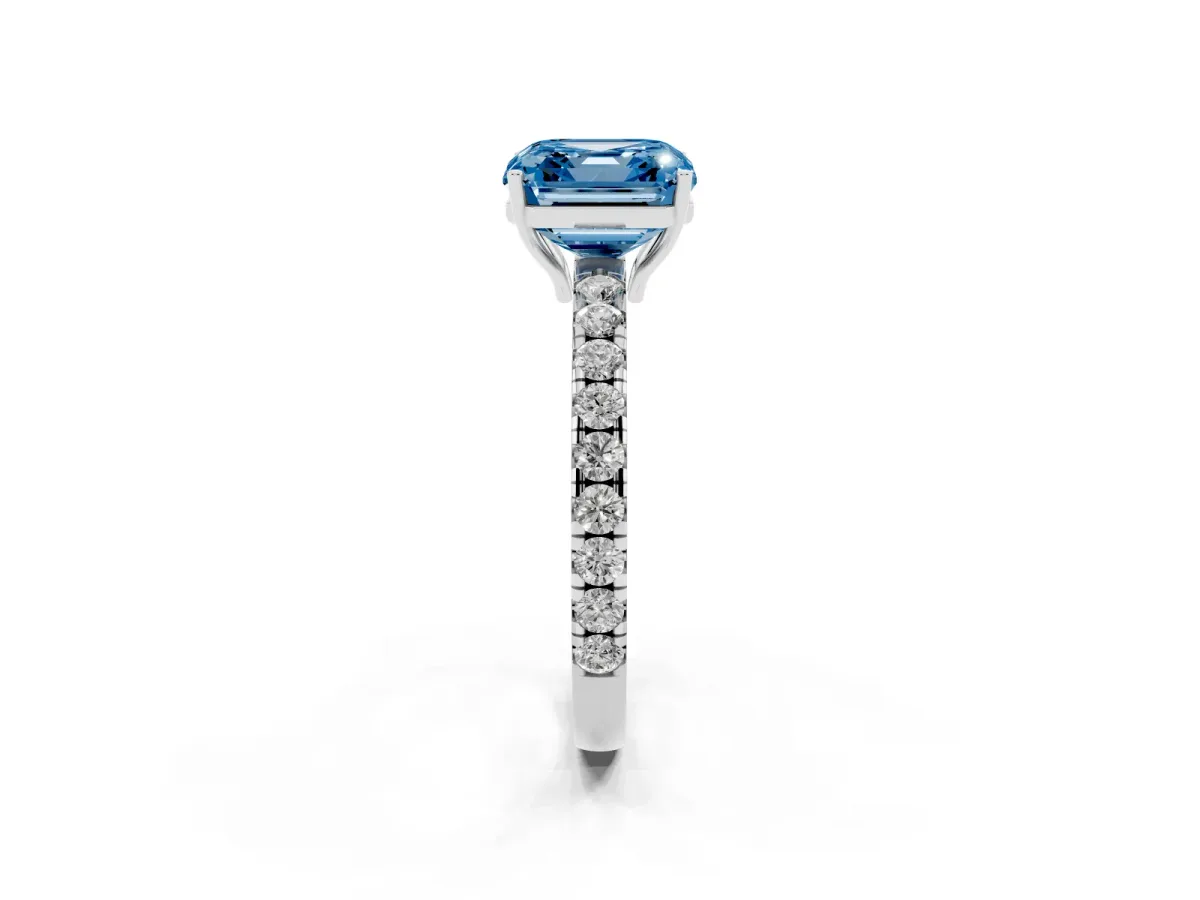 Fancy Blue Asscher Cut Diamond Pavé Solitaire Engagement Ring with Four-Prong Setting Platinum