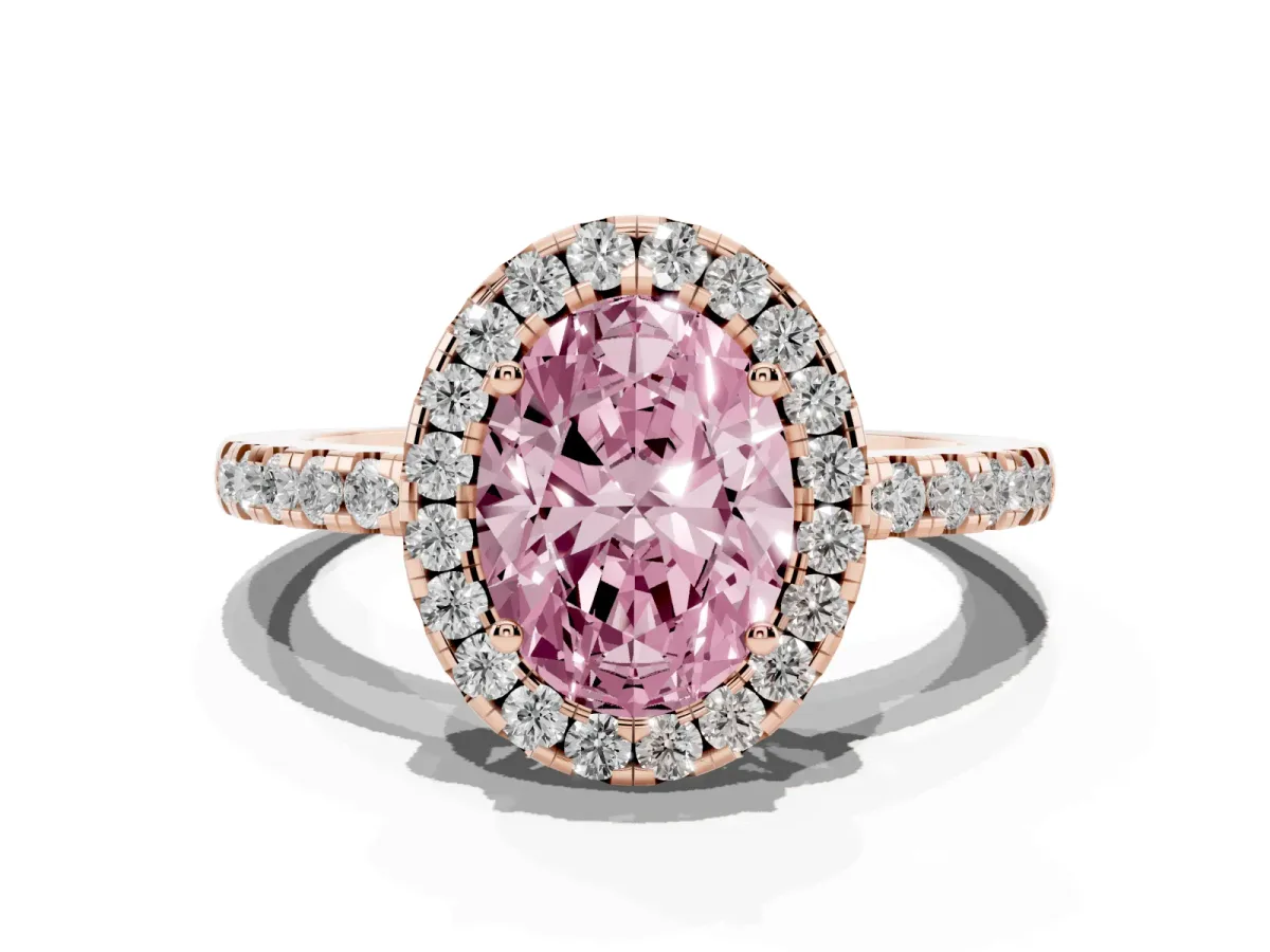 Fancy Pink Oval Cut Halo Diamond Engagement Ring with Pavé Band and Four-Prong Setting Rose gold