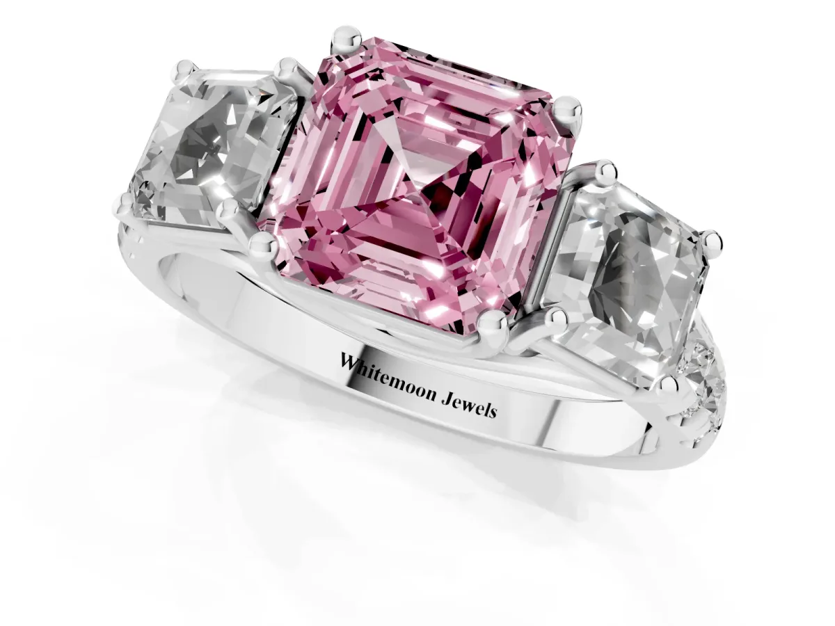 Fancy Pink Three-Stone Asscher Cut Diamond Pavé Band with Prong Setting Platinum