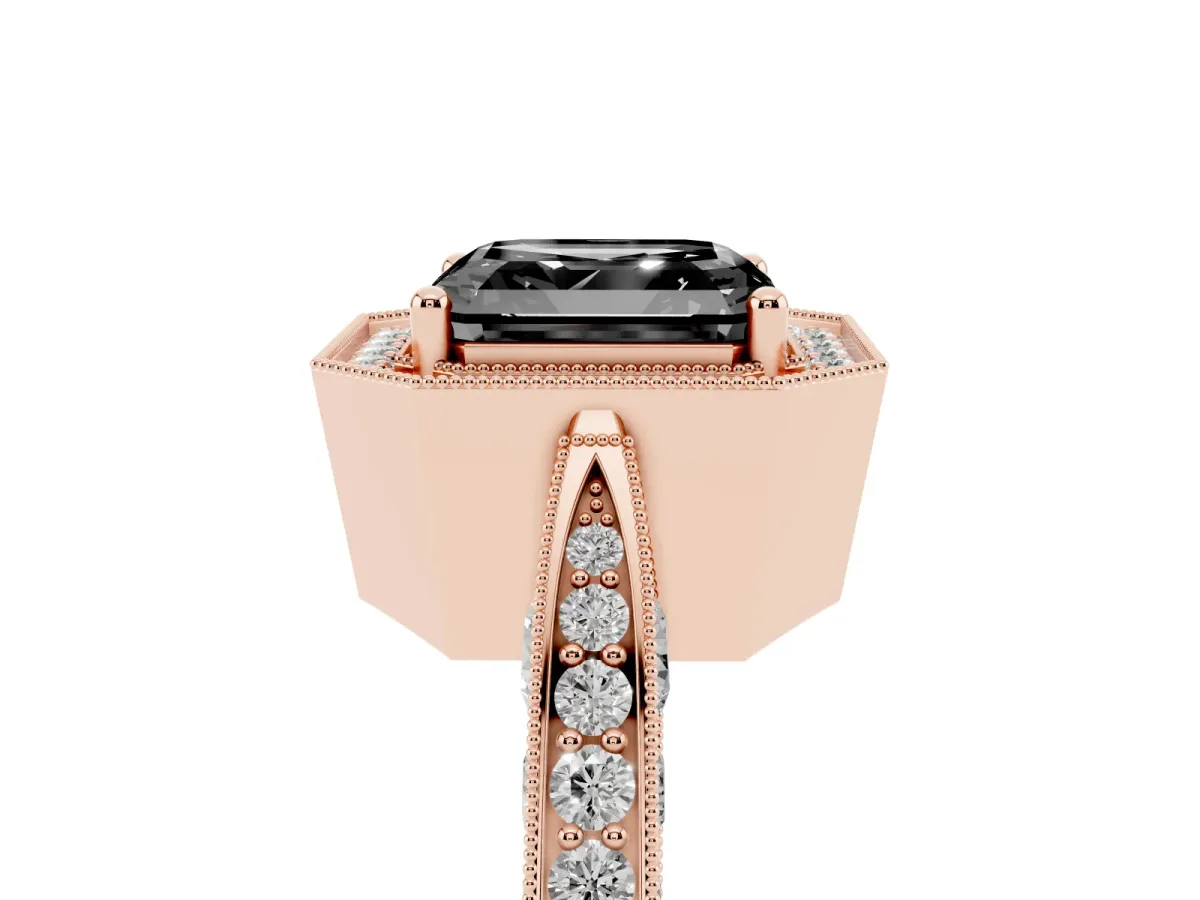 Fancy Black Asscher Cut Halo Diamond Engagement Ring with Split Shank Band and Four-Prong Setting Rose gold