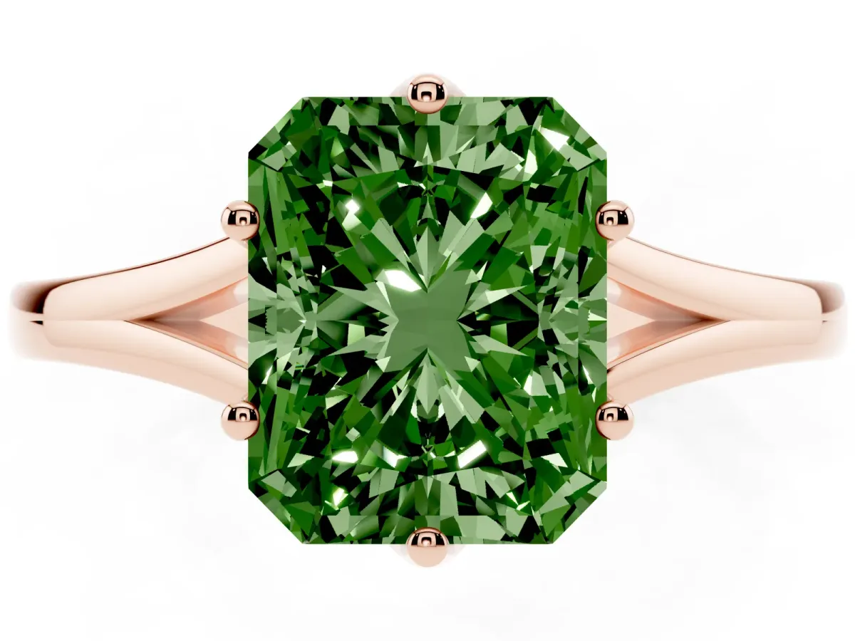 Fancy Green Radiant Cut Solitaire Diamond Ring with Six-Prong Setting and Tapered Band Rose gold